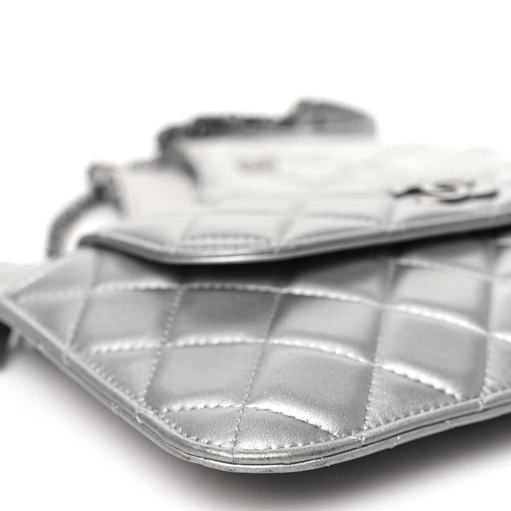 Metallic Lambskin Quilted Clutch With Chain Silver