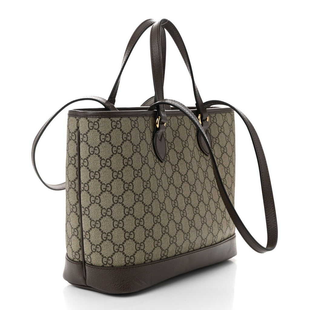 GG Supreme Monogram Textured Calfskin Small Ophidia Shoulder Tote Bag Beige Ebony New Acero
