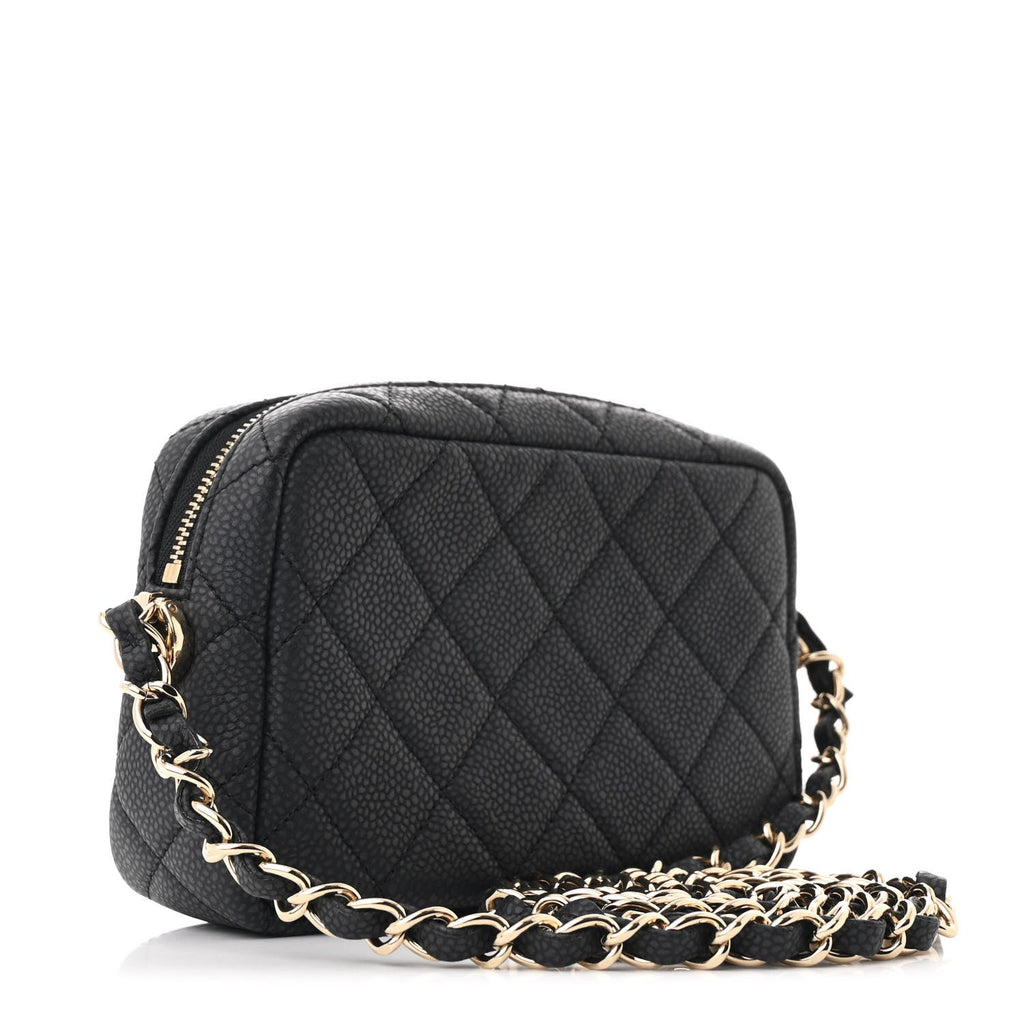 Iridescent Caviar Quilted Mini Coco Tassel Camera Case Black