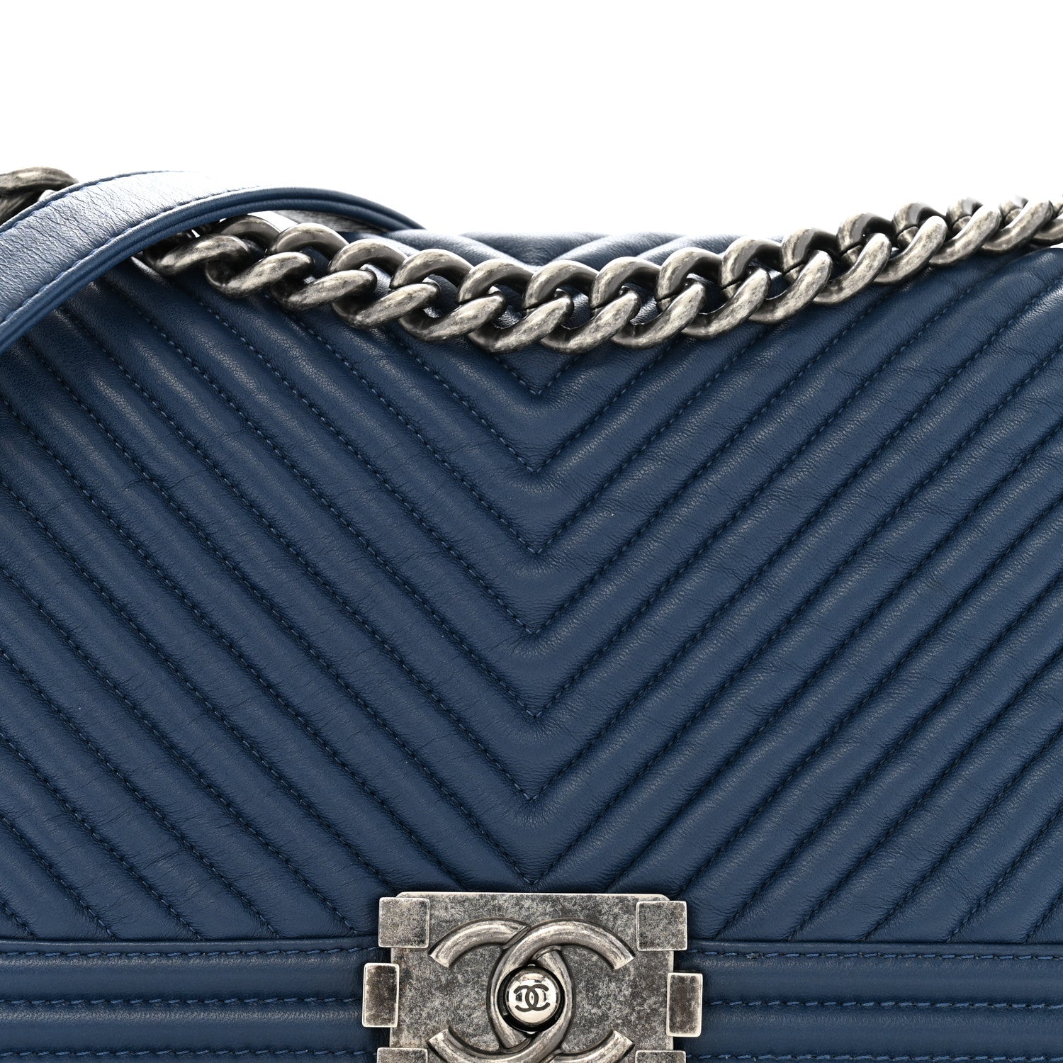 Calfskin Chevron Quilted Medium Boy Flap Dark Navy Blue