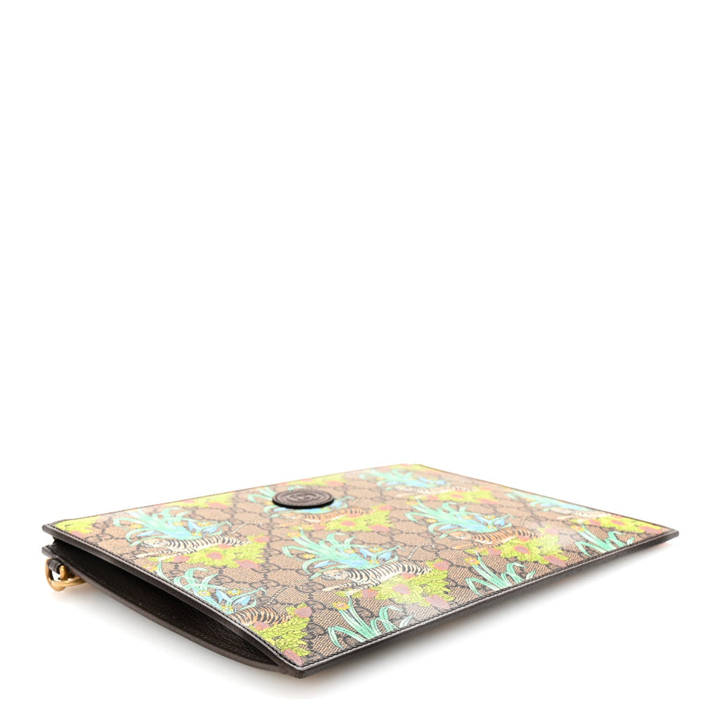 GG Supreme Monogram Tiger Savanah Textured Dollar Calfskin Zip Pouch Beige Ebony Multicolor New Acero