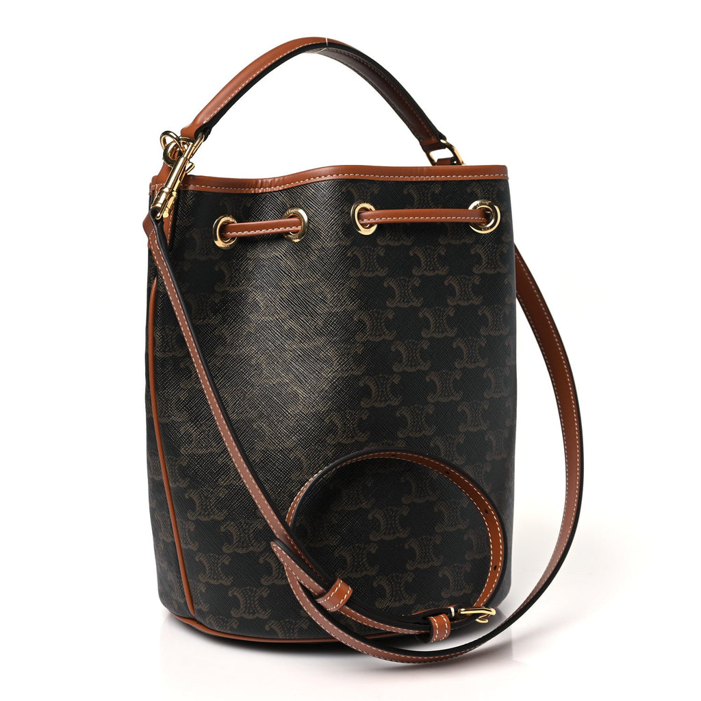 Triomphe Canvas Calfskin Clara Drawstring Bucket Bag Tan