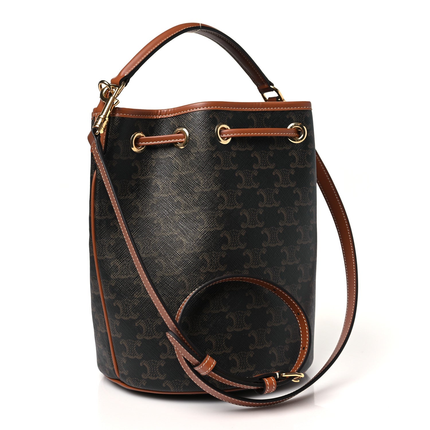 Triomphe Canvas Calfskin Clara Drawstring Bucket Bag Tan