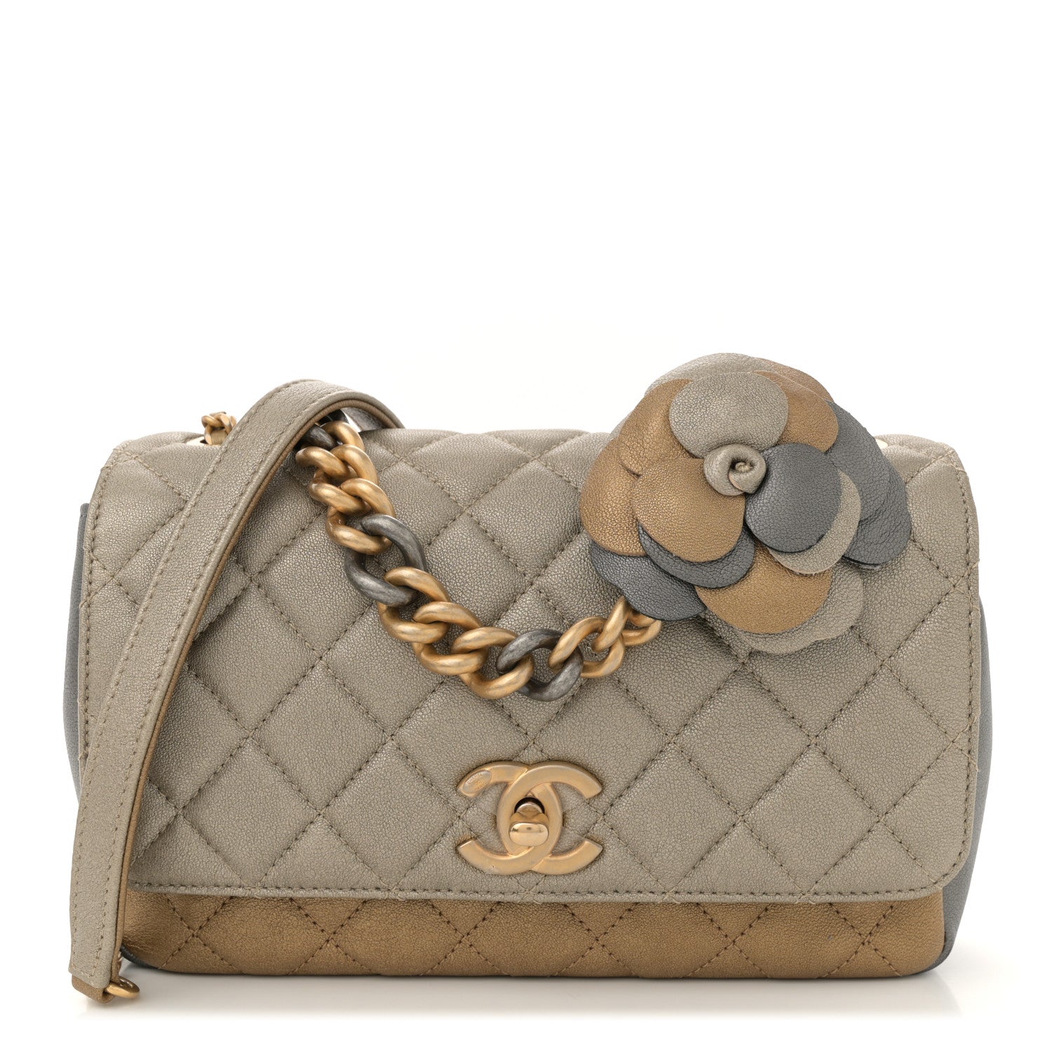 Metallic Lambskin Quilted Camellia Flower Flap Pale Gold Silver Dark Gold