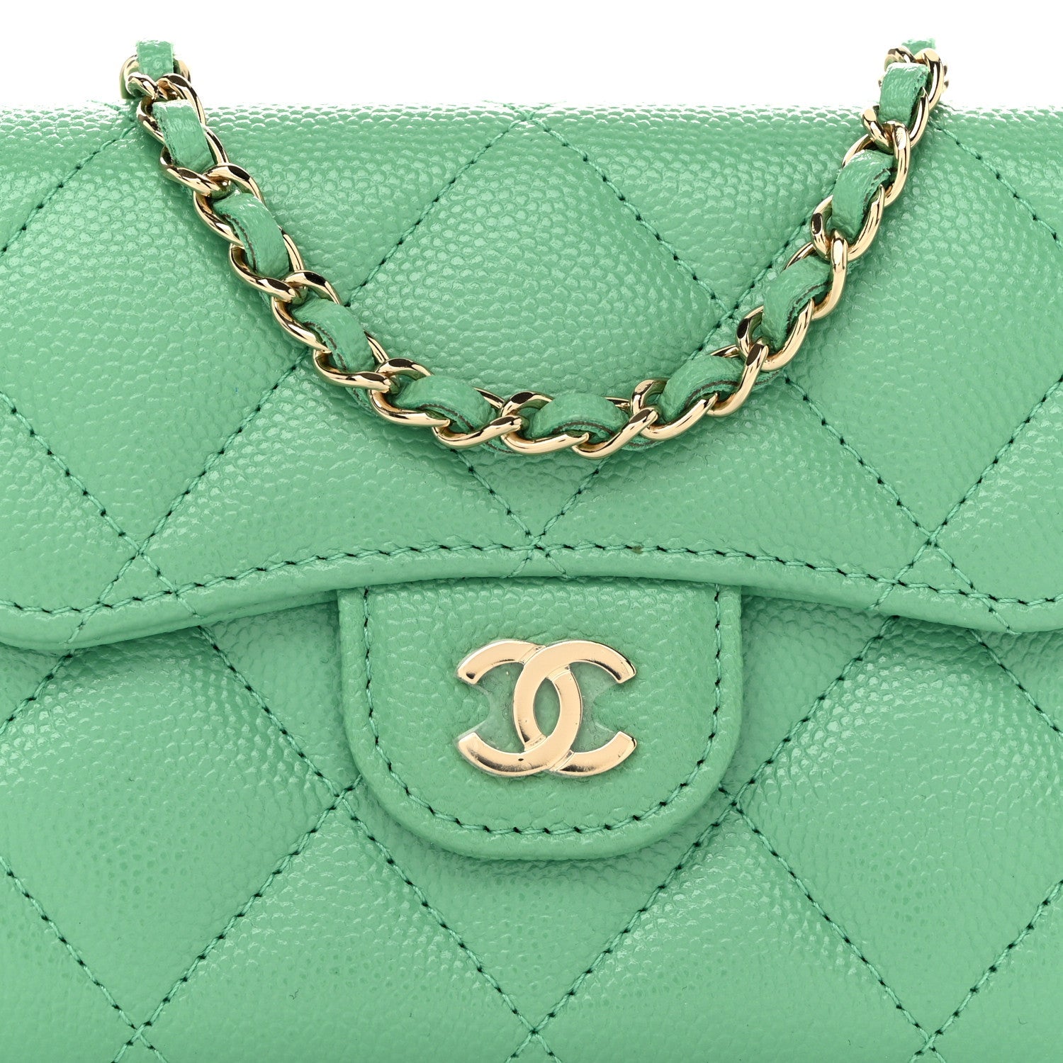 Caviar Quilted Flap  Holder On Chain Light Green