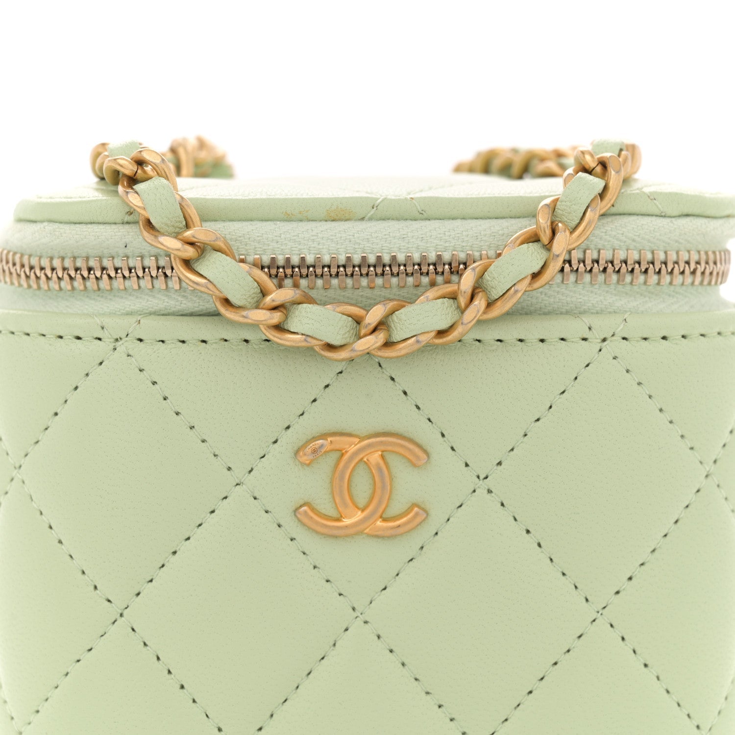 Lambskin Quilted Pearl Crush Mini Vanity Case With Chain Light Green