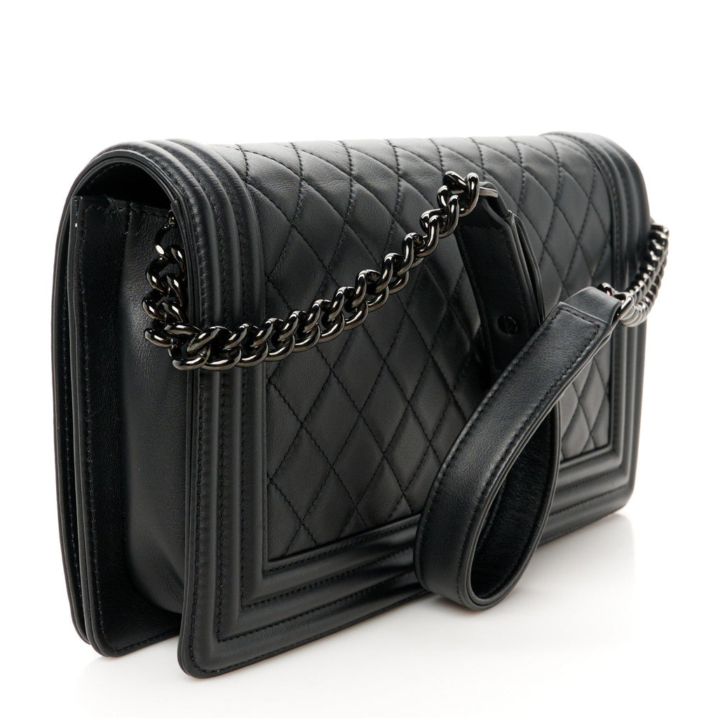 Calfskin Quilted Boy Clutch With Removable Chain So Black
