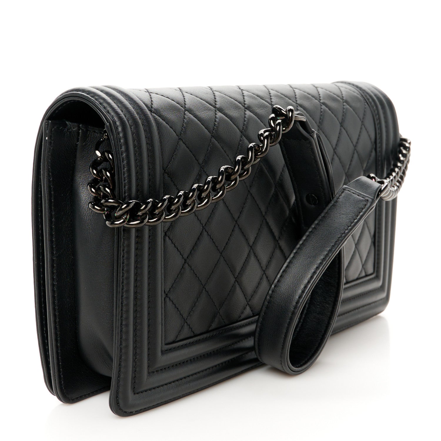 Calfskin Quilted Boy Clutch With Removable Chain So Black