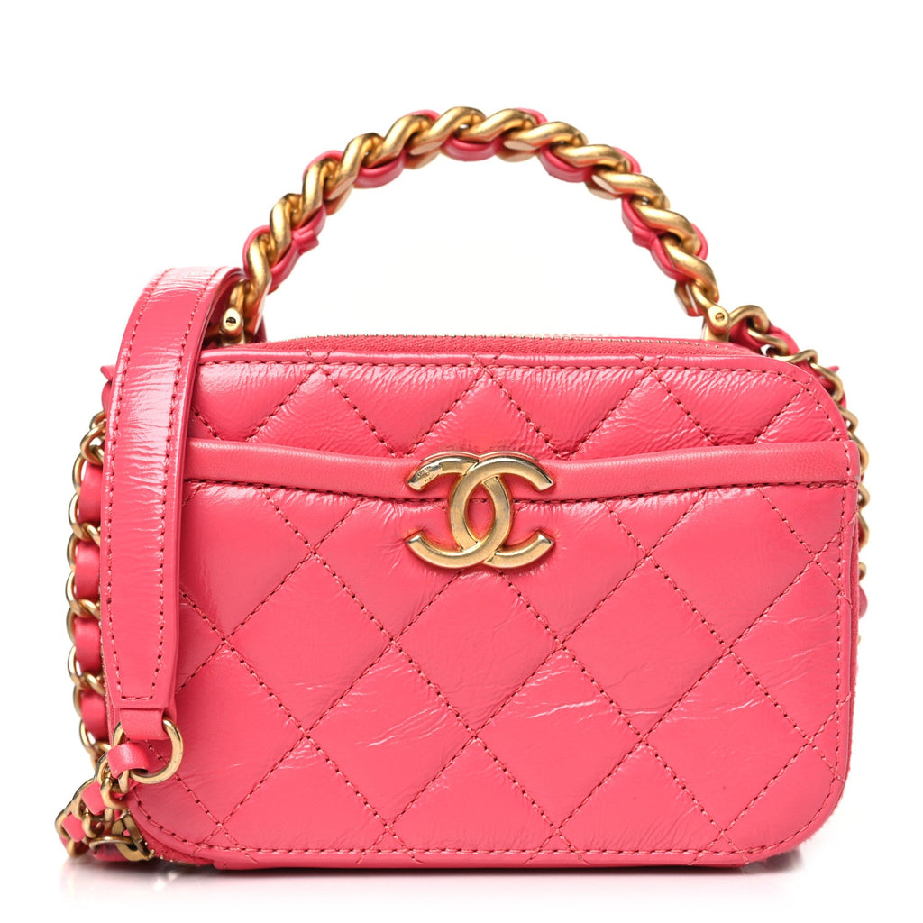 Crumpled Calfskin Quilted Mini Get Round Top Handle Vanity Case Pink