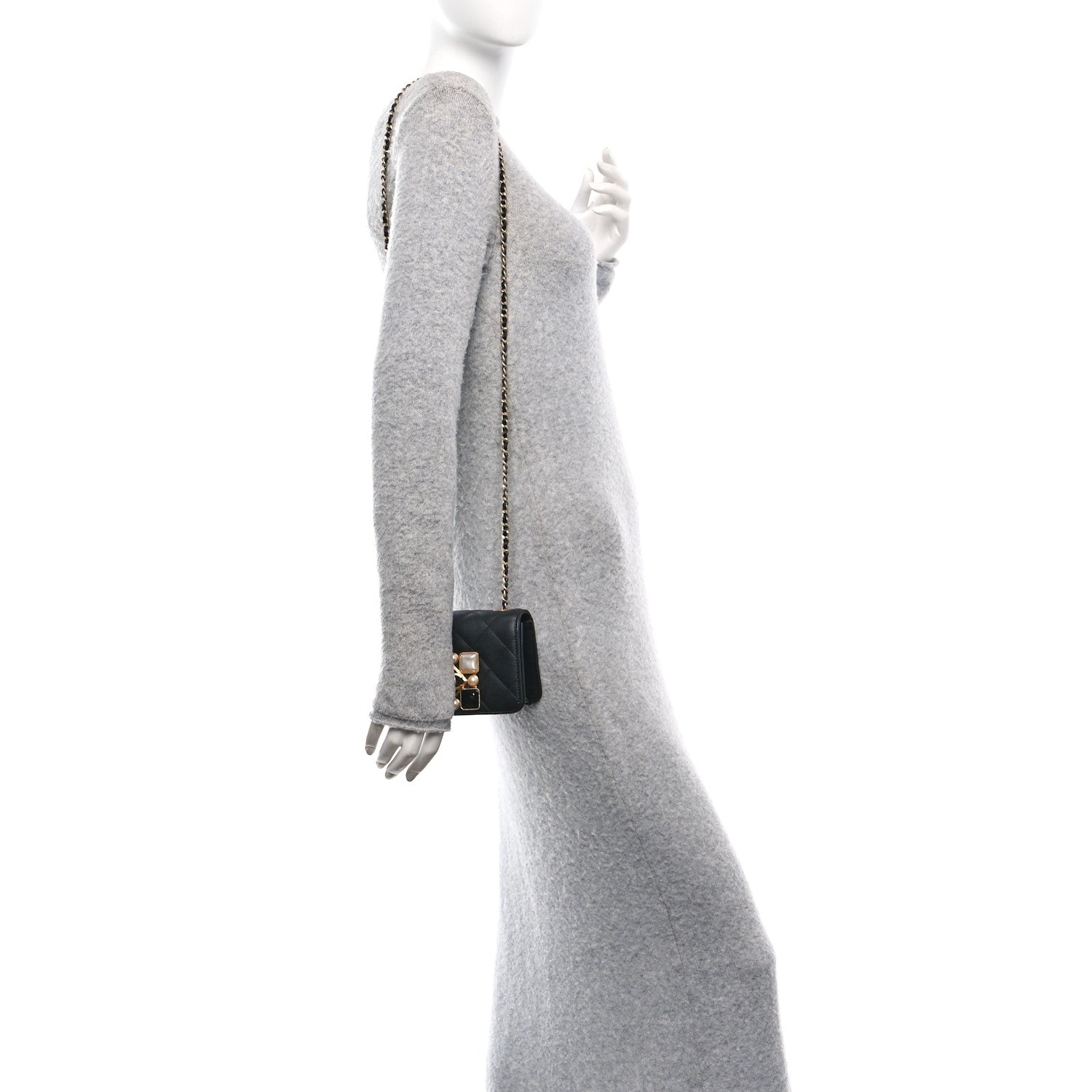 Calfskin Quilted Crystal Pearl Mini Flap Bag Black