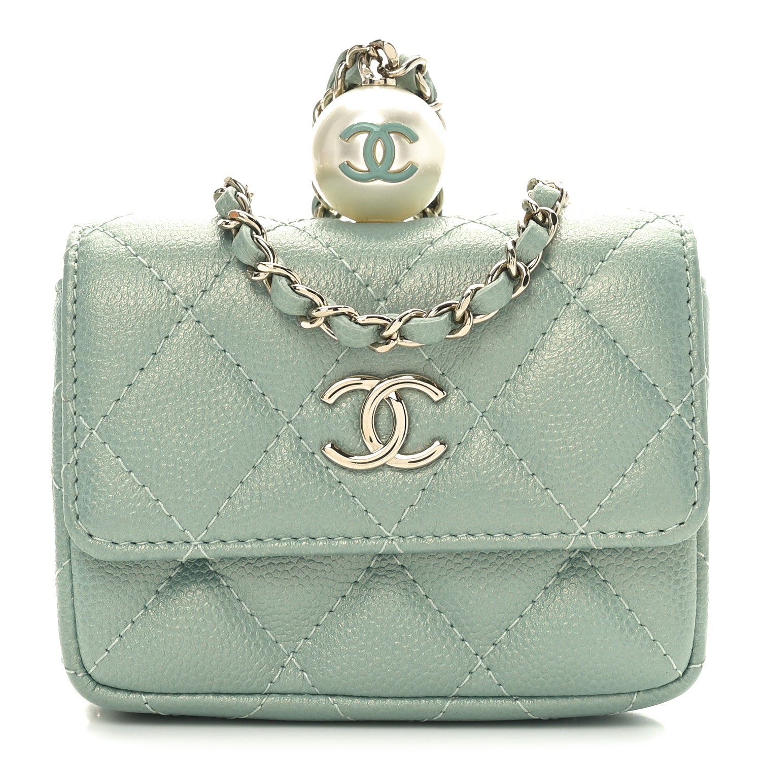 Iridescent Caviar Quilted Pearl On Top Coin Purse With Chain Light Green