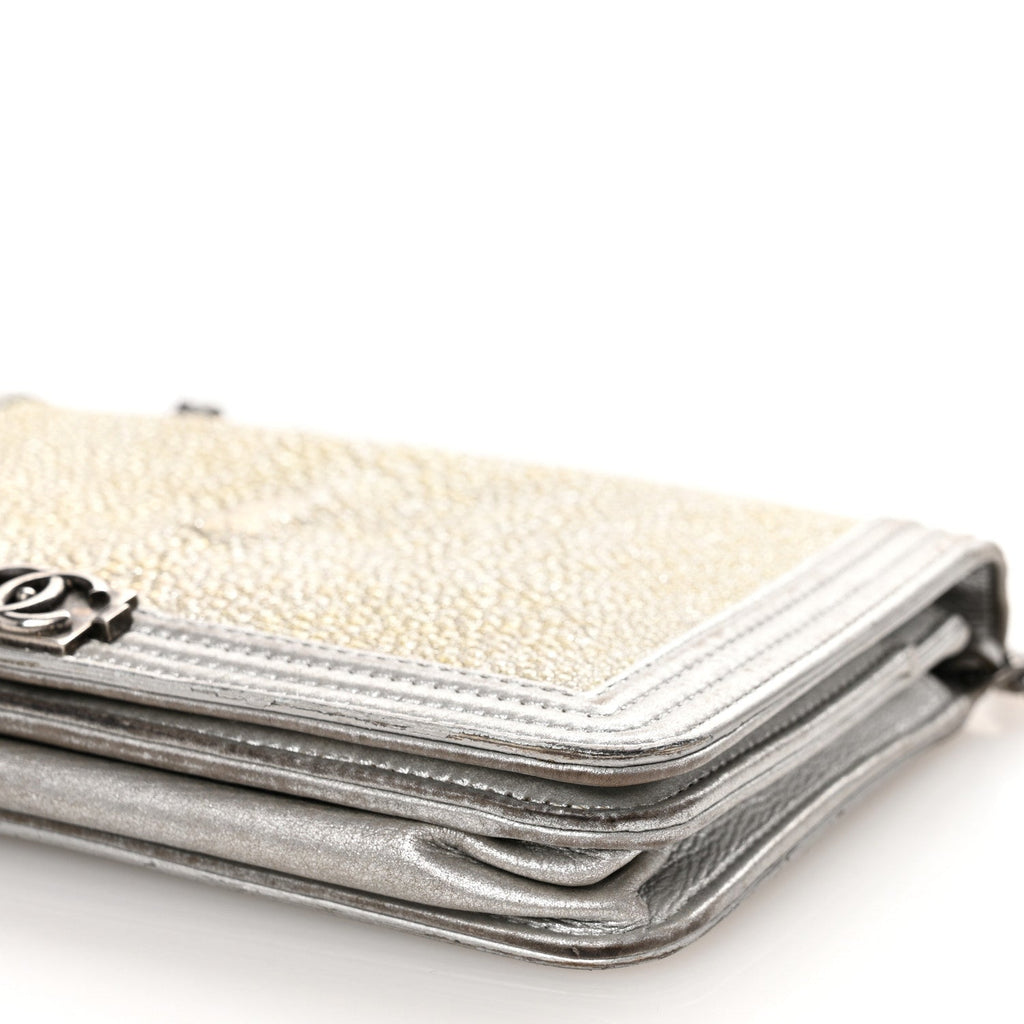 Metallic Galuchat Stingray Lambskin Boy Wallet On Chain WOC Silver