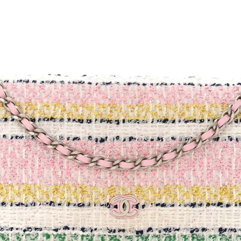 Metallic Tweed Quilted Wallet On Chain WOC White Multicolor