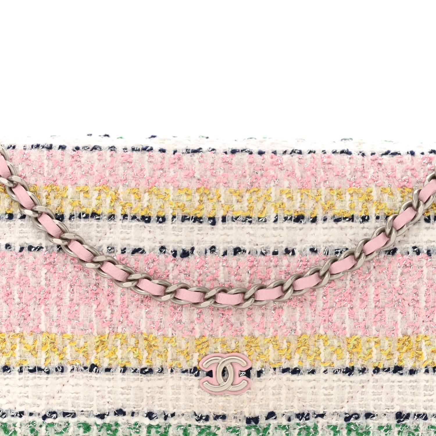 Metallic Tweed Quilted Wallet On Chain WOC White Multicolor