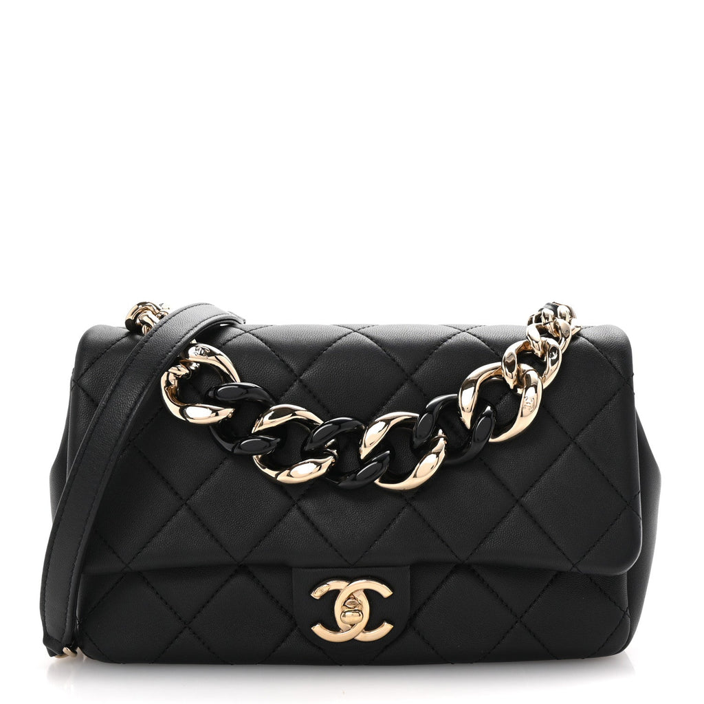 Lambskin Quilted Resin Bi-Color Chain Flap Bag Black