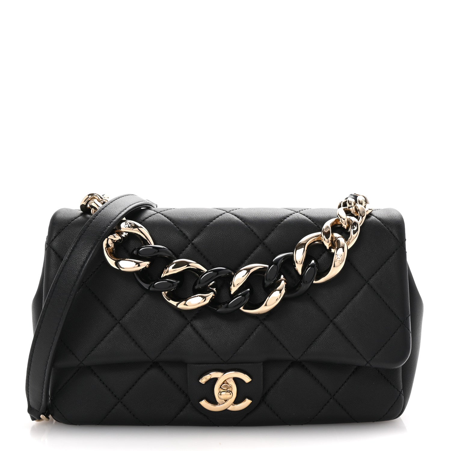 Lambskin Quilted Resin Bi-Color Chain Flap Bag Black