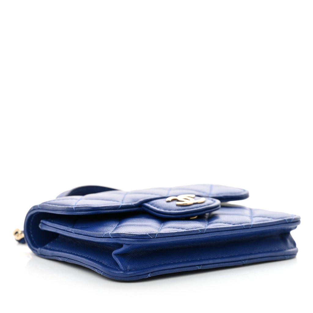 Lambskin Quilted Top Handle Flap Coin Purse With Chain Blue