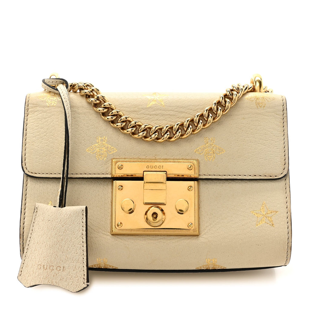 Grained Calfskin Bee Star Small Padlock Shoulder Bag White