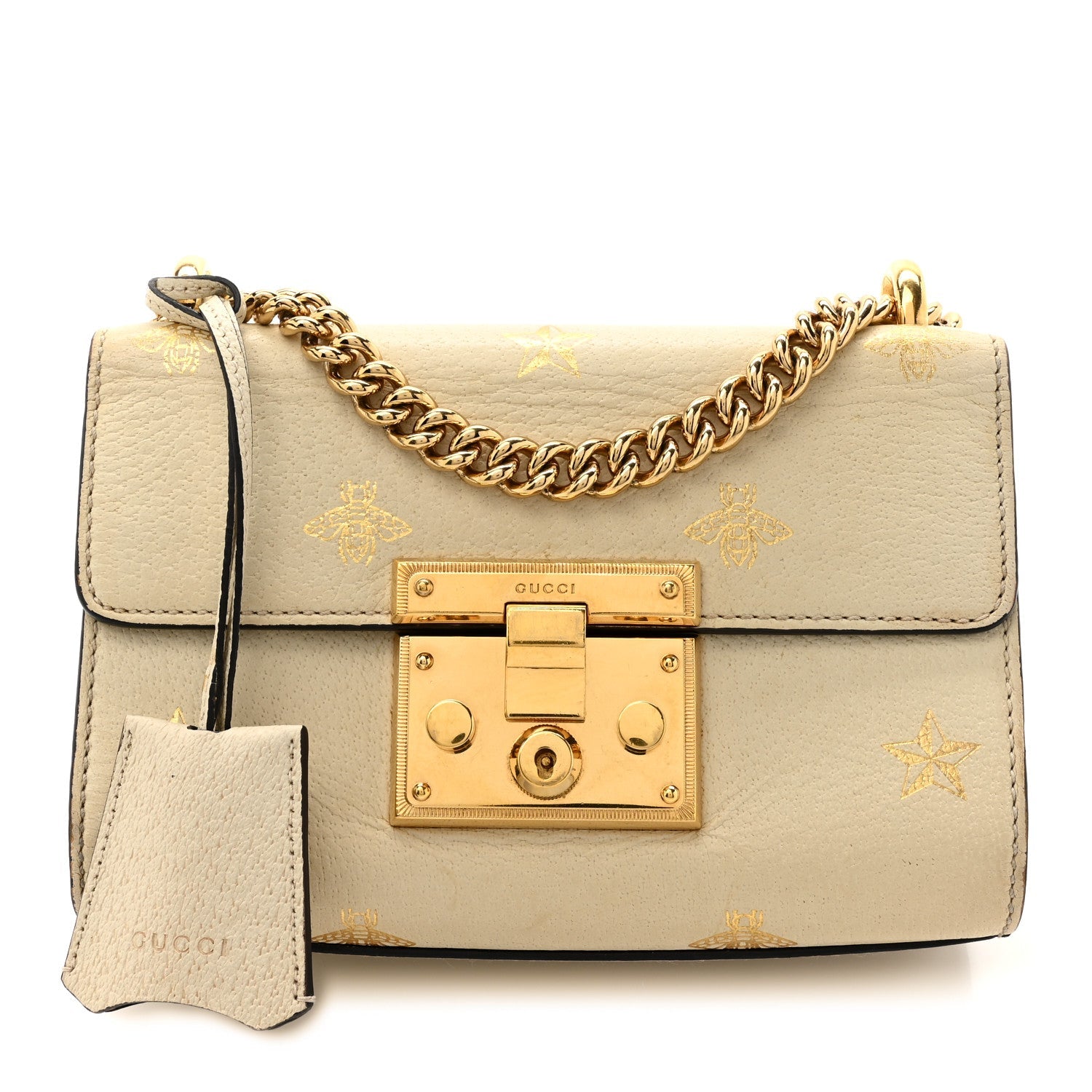 Grained Calfskin Bee Star Small Padlock Shoulder Bag White