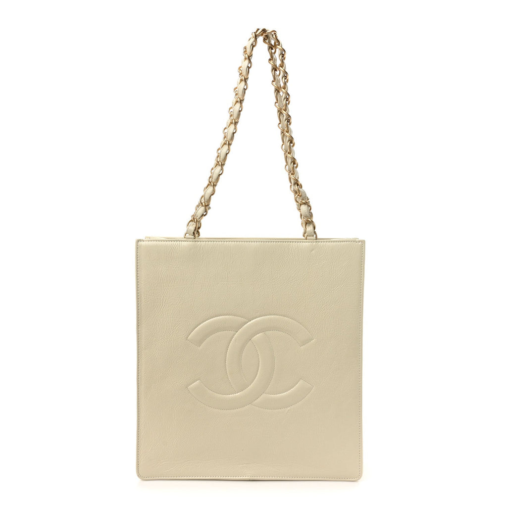 Shiny Aged Calfskin North South Shopping Bag White