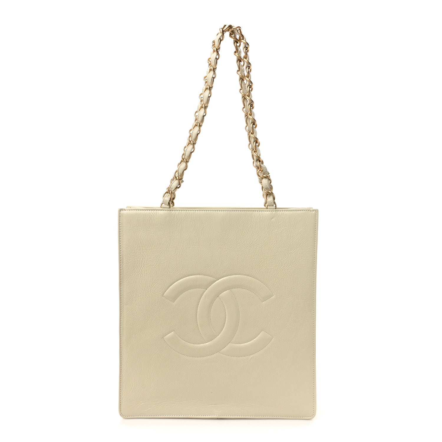 Shiny Aged Calfskin North South Shopping Bag White