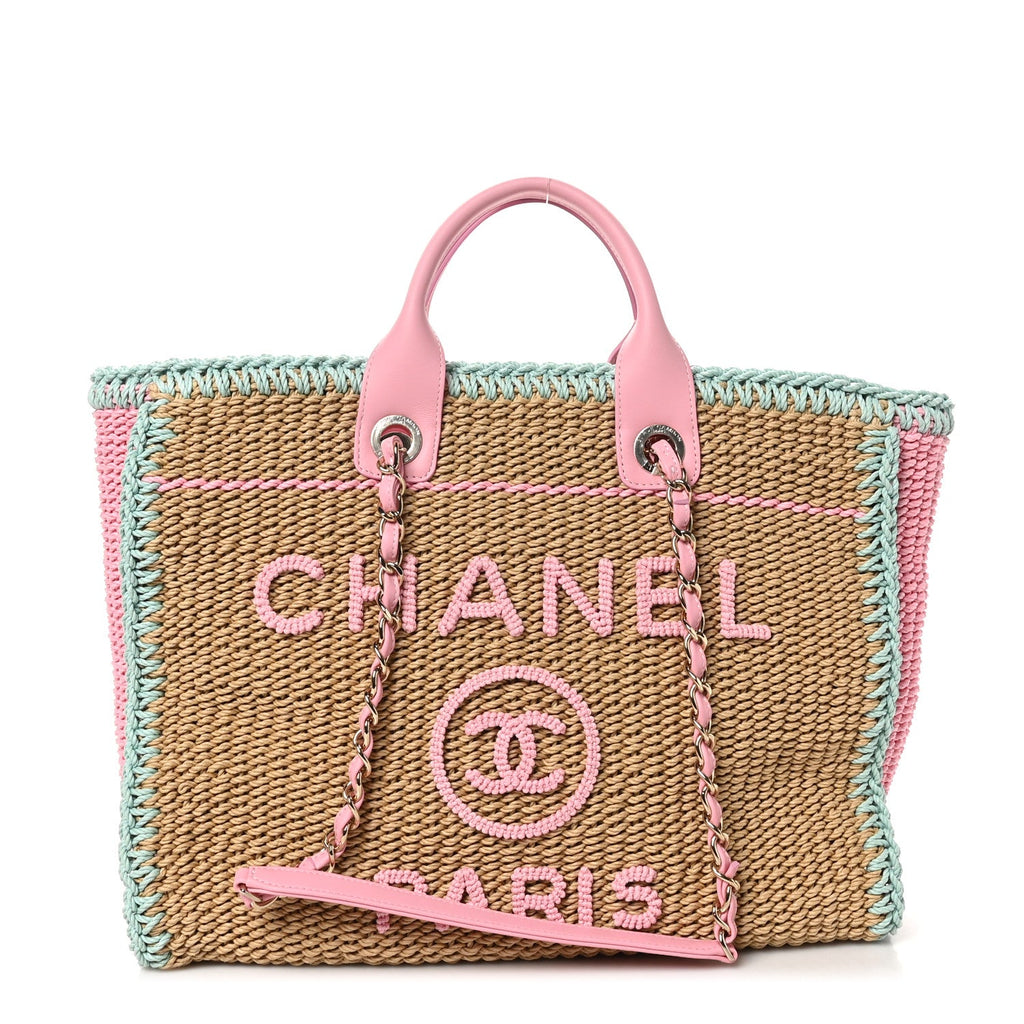 Raffia Crochet Medium Deauville Tote Beige Light Pink Green