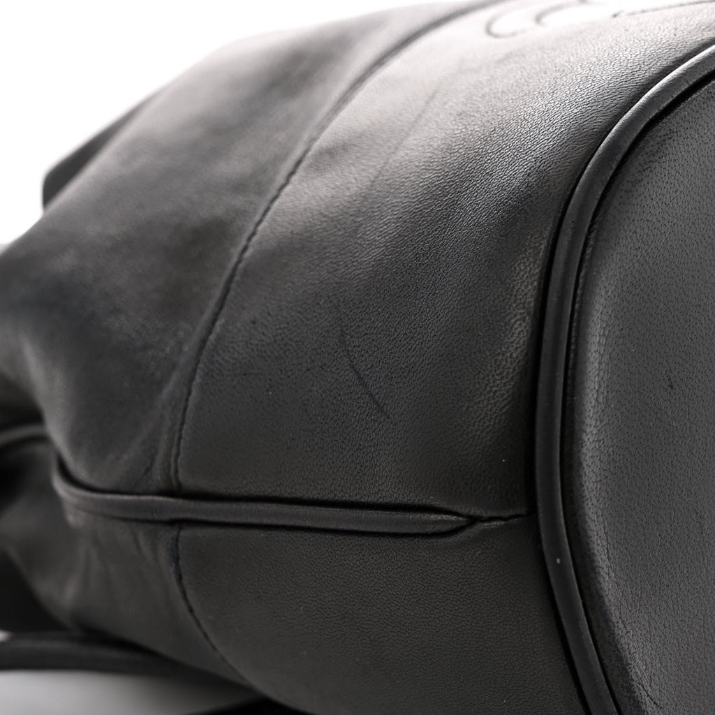 Lambskin CC Stitched Drawstring Bucket Bag Black