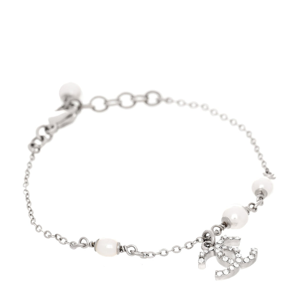 Crystal Pearl CC Bracelet Silver