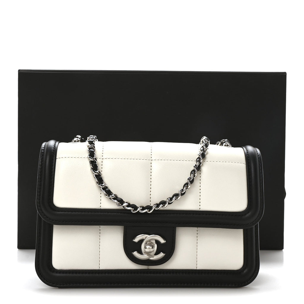 Lambskin Calfskin Mini Chocolate Bar Flap Bag White Black