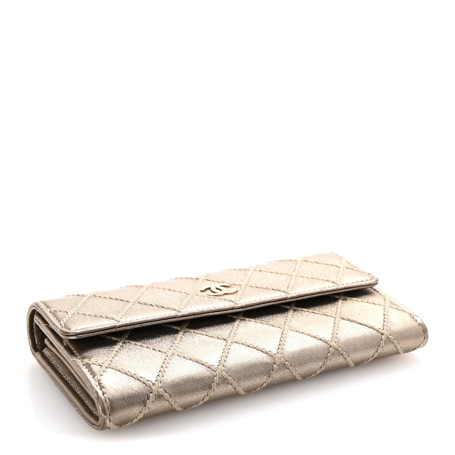 Metallic Lambskin Quilted Stitch Large Gusset Flap Wallet Gold