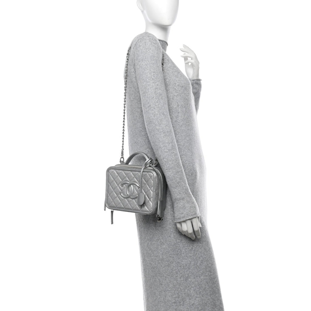 Metallic Caviar Quilted Medium CC Filigree Vanity Case Silver