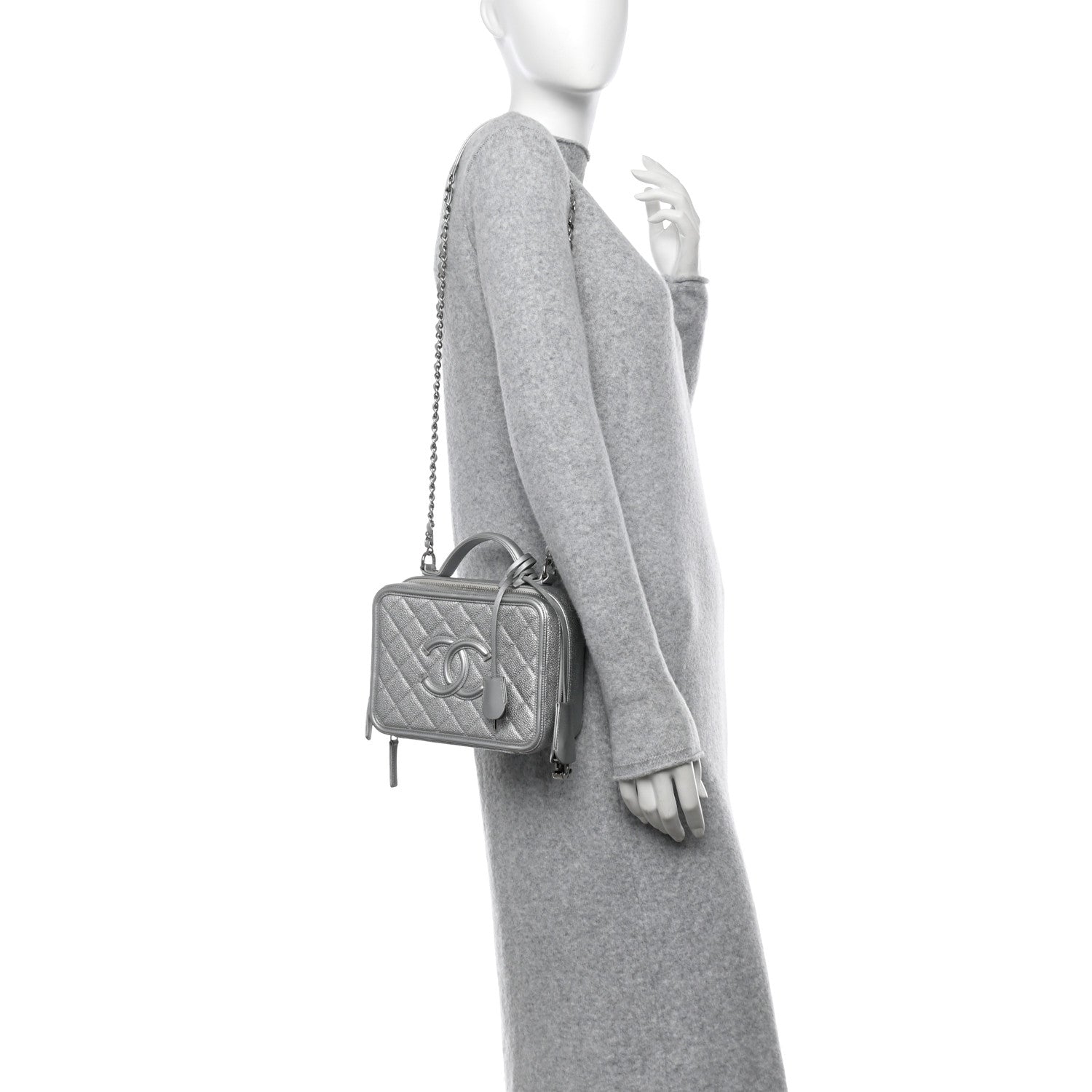 Metallic Caviar Quilted Medium CC Filigree Vanity Case Silver