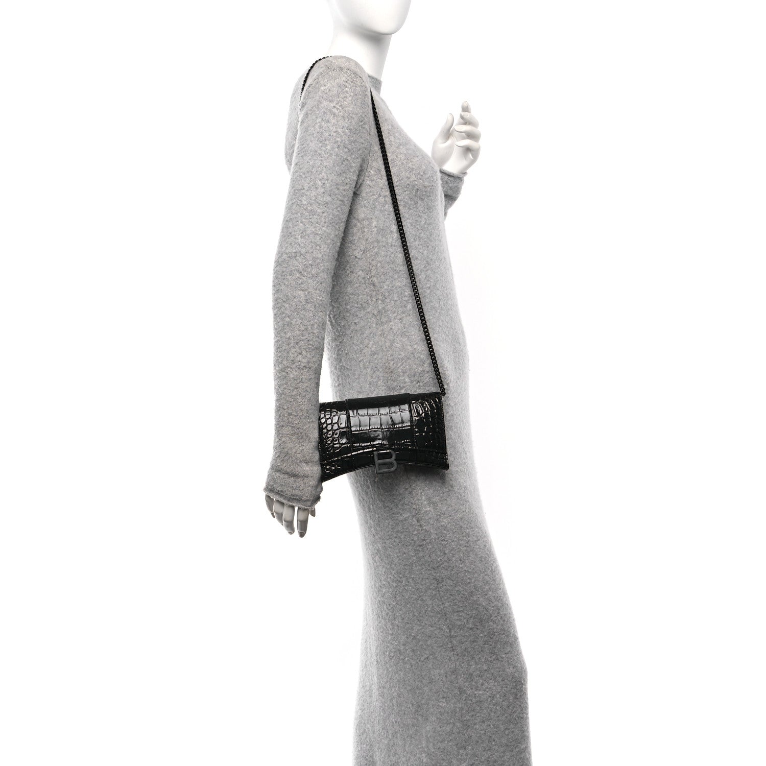 Shiny Calfskin Monochrome Crocodile Embossed Hourglass Chain Bag Black