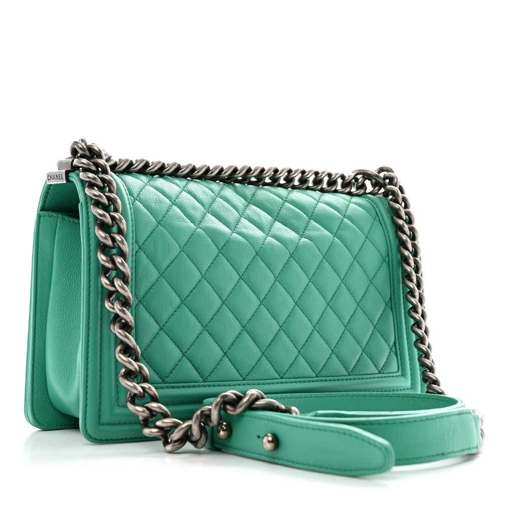 Calfskin Quilted Medium Boy Flap Turquoise