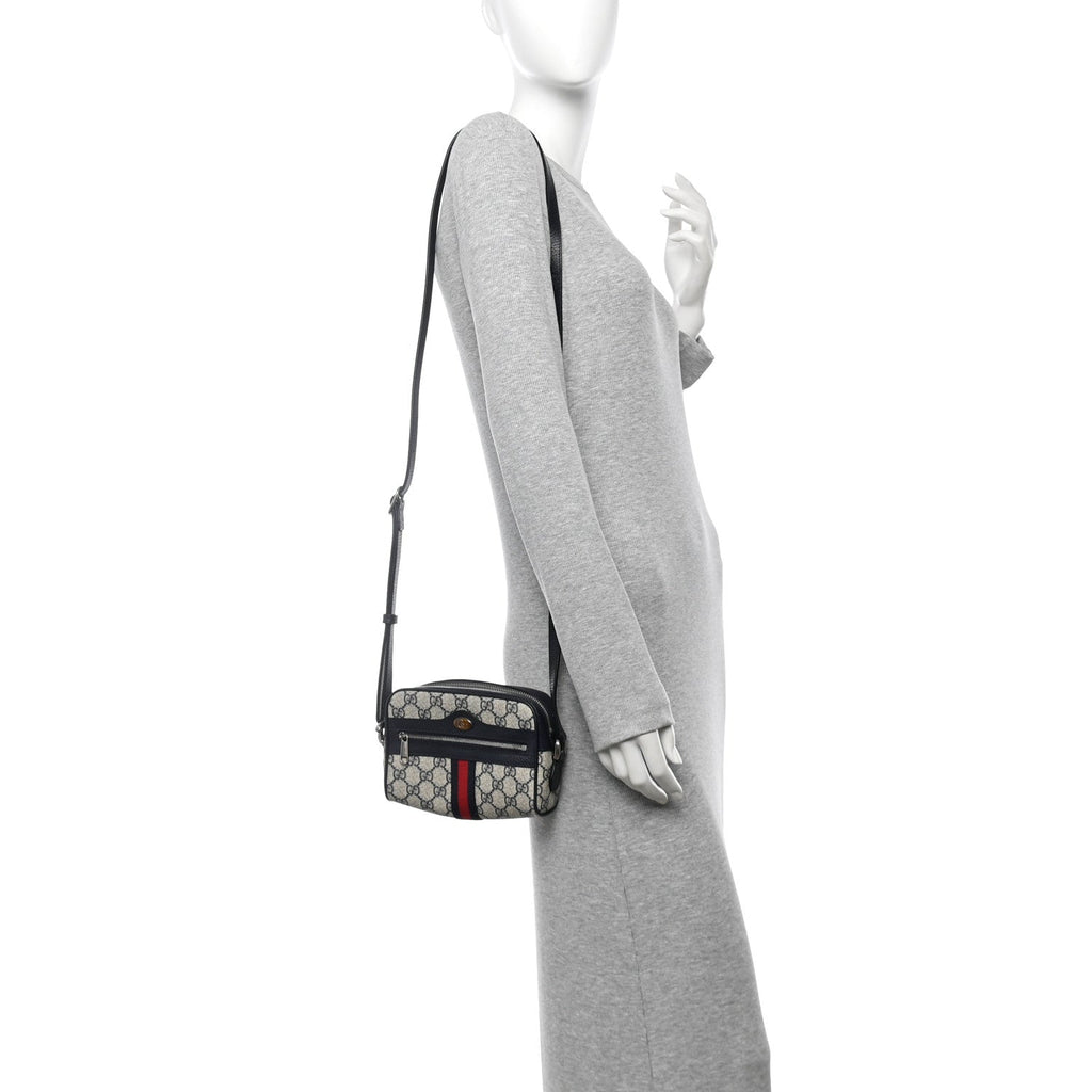GG Supreme Monogram Textured Dollar Calfskin Web Mini Ophidia Shoulder Bag Beige Blue