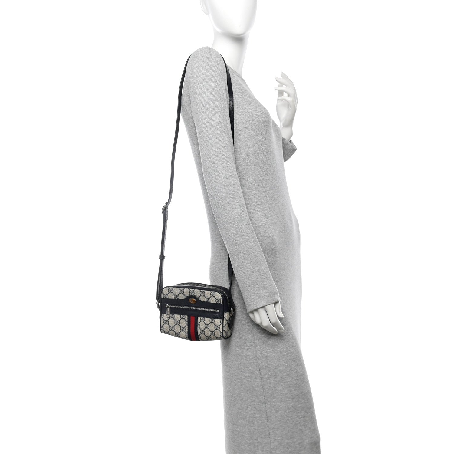 GG Supreme Monogram Textured Dollar Calfskin Web Mini Ophidia Shoulder Bag Beige Blue