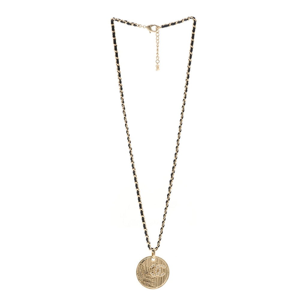 Lambskin Crystal CC Round Pendant Chain Necklace Gold Black