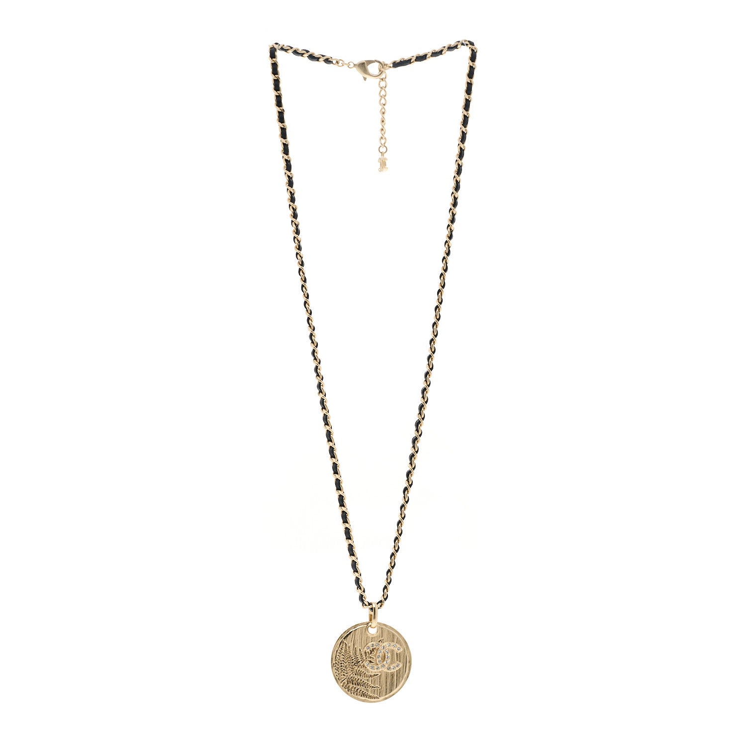 Lambskin Crystal CC Round Pendant Chain Necklace Gold Black