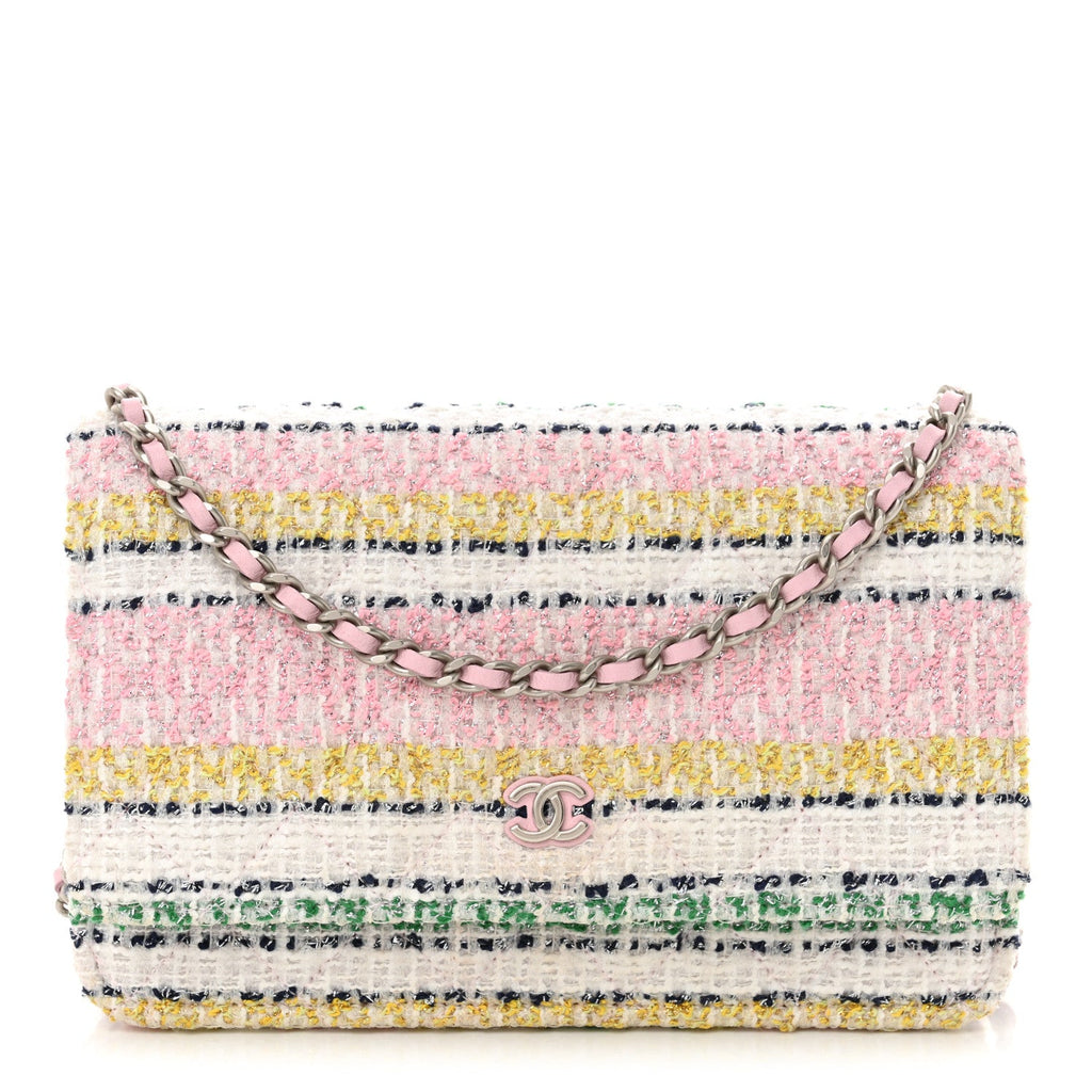 Metallic Tweed Quilted Wallet On Chain WOC White Multicolor