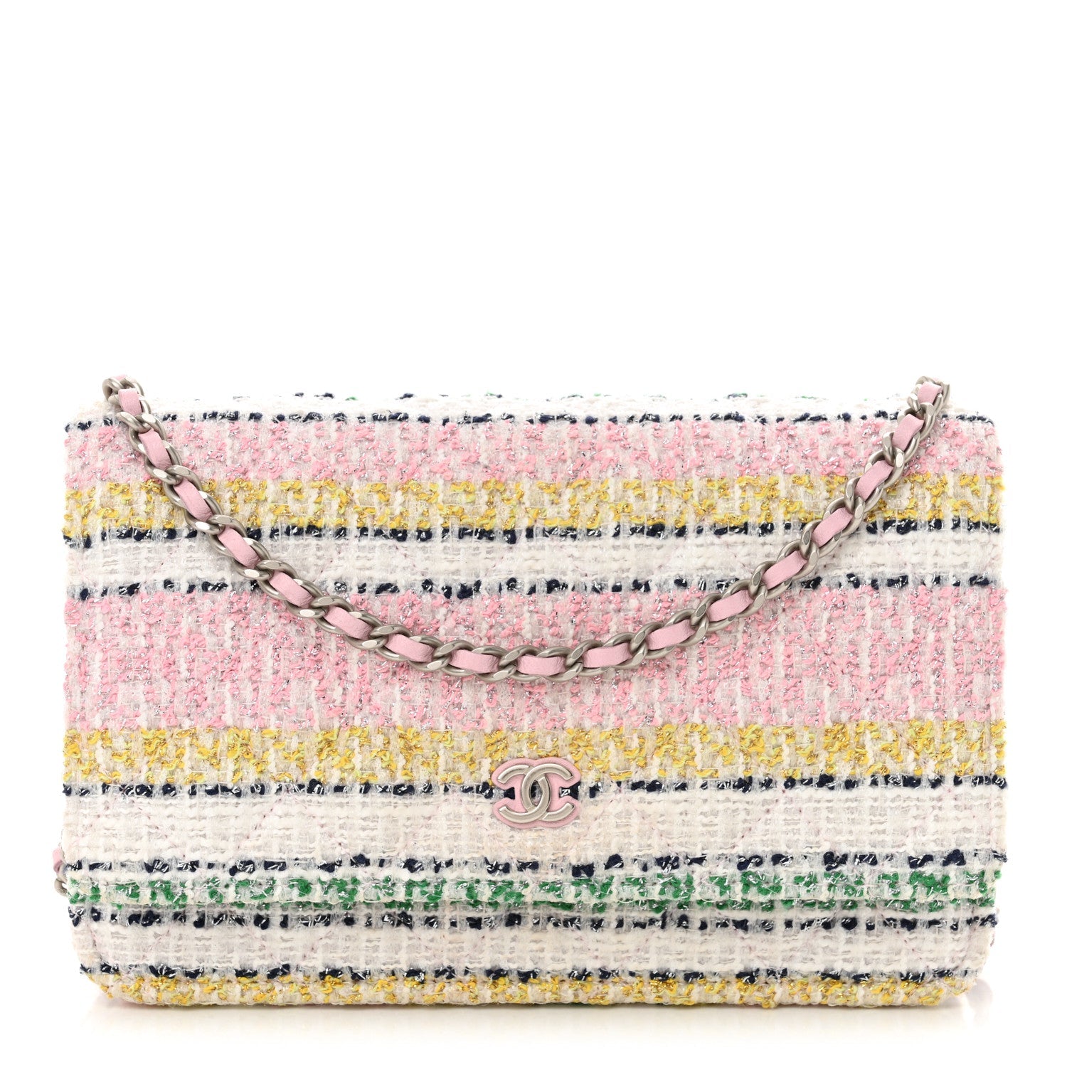 Metallic Tweed Quilted Wallet On Chain WOC White Multicolor