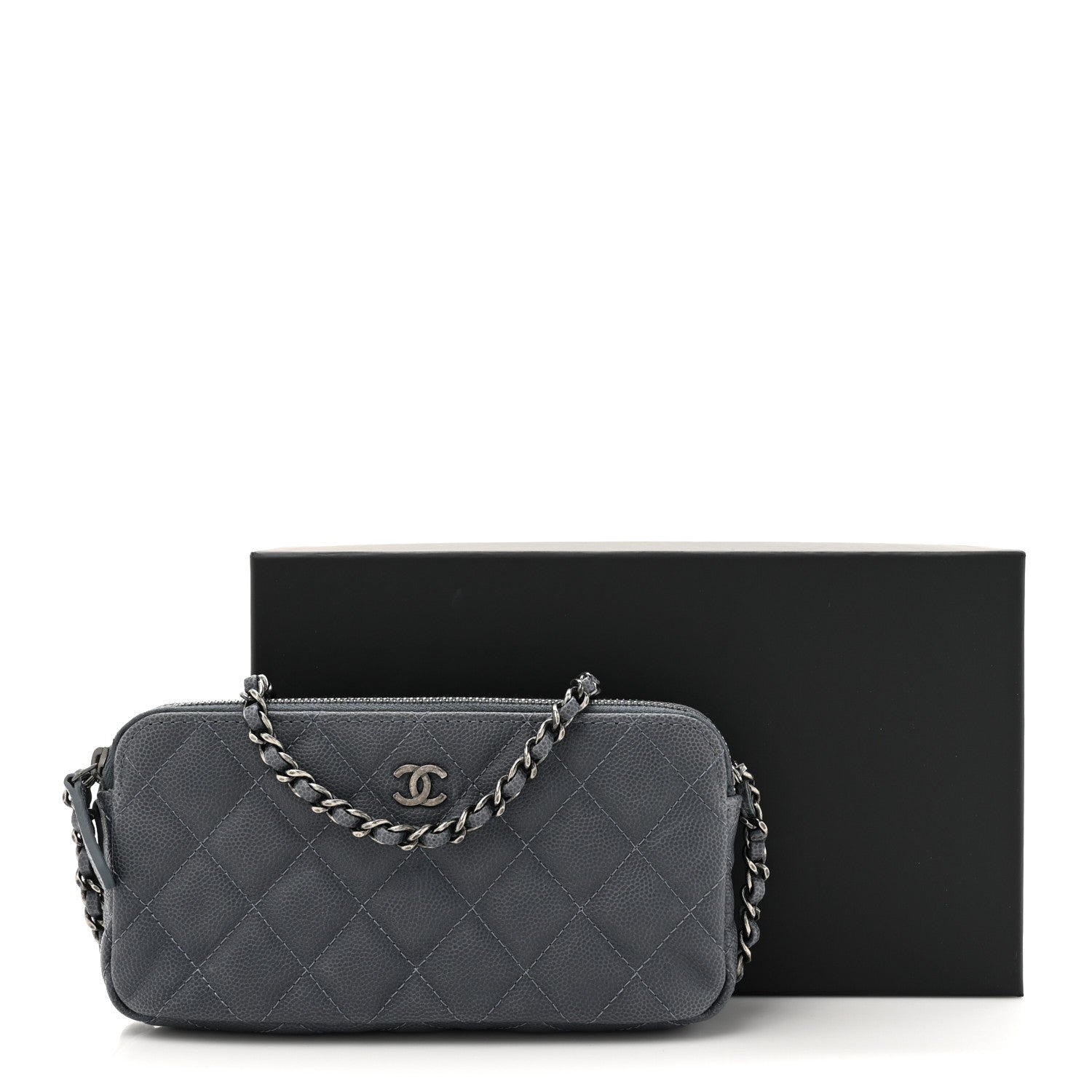 Caviar Quilted Small Clutch With Chain Grey