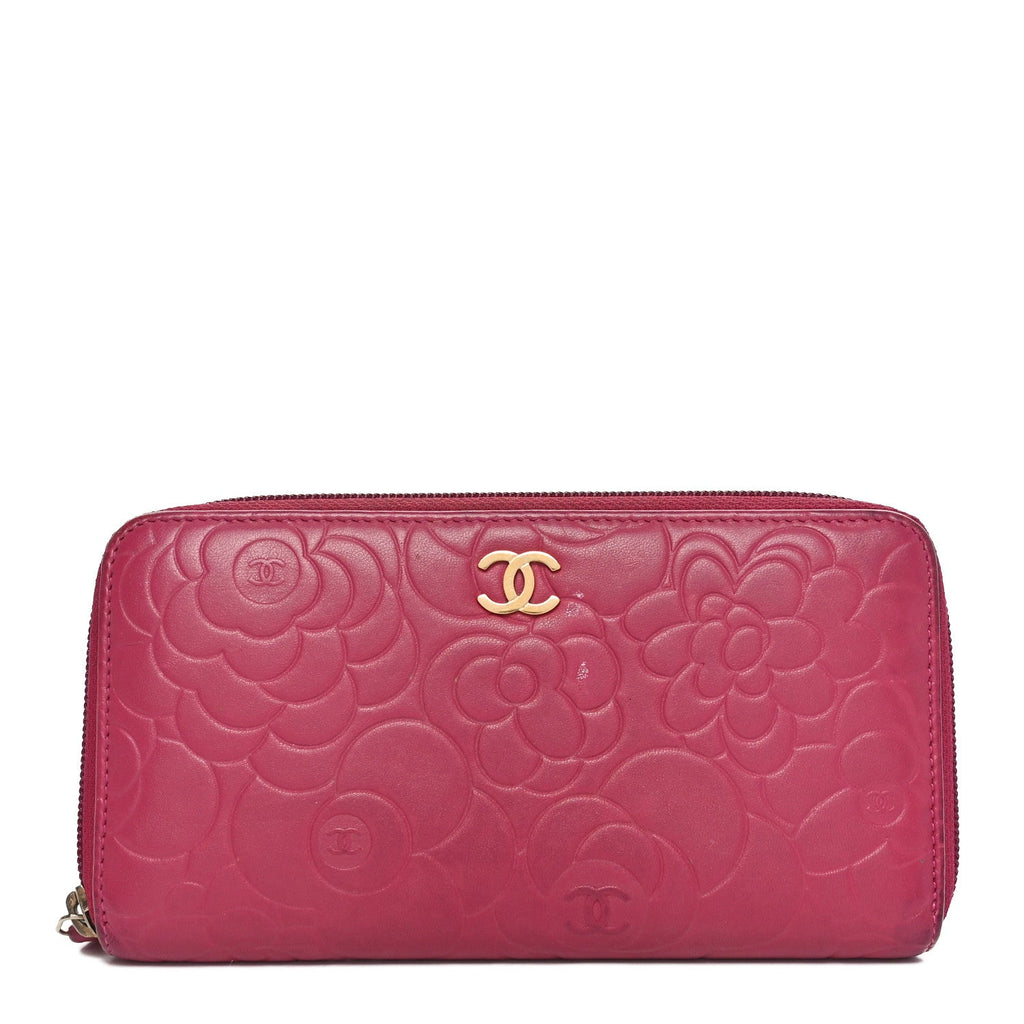 Lambskin Camellia Embossed Large Gusset Zip Around Wallet Fuchsia