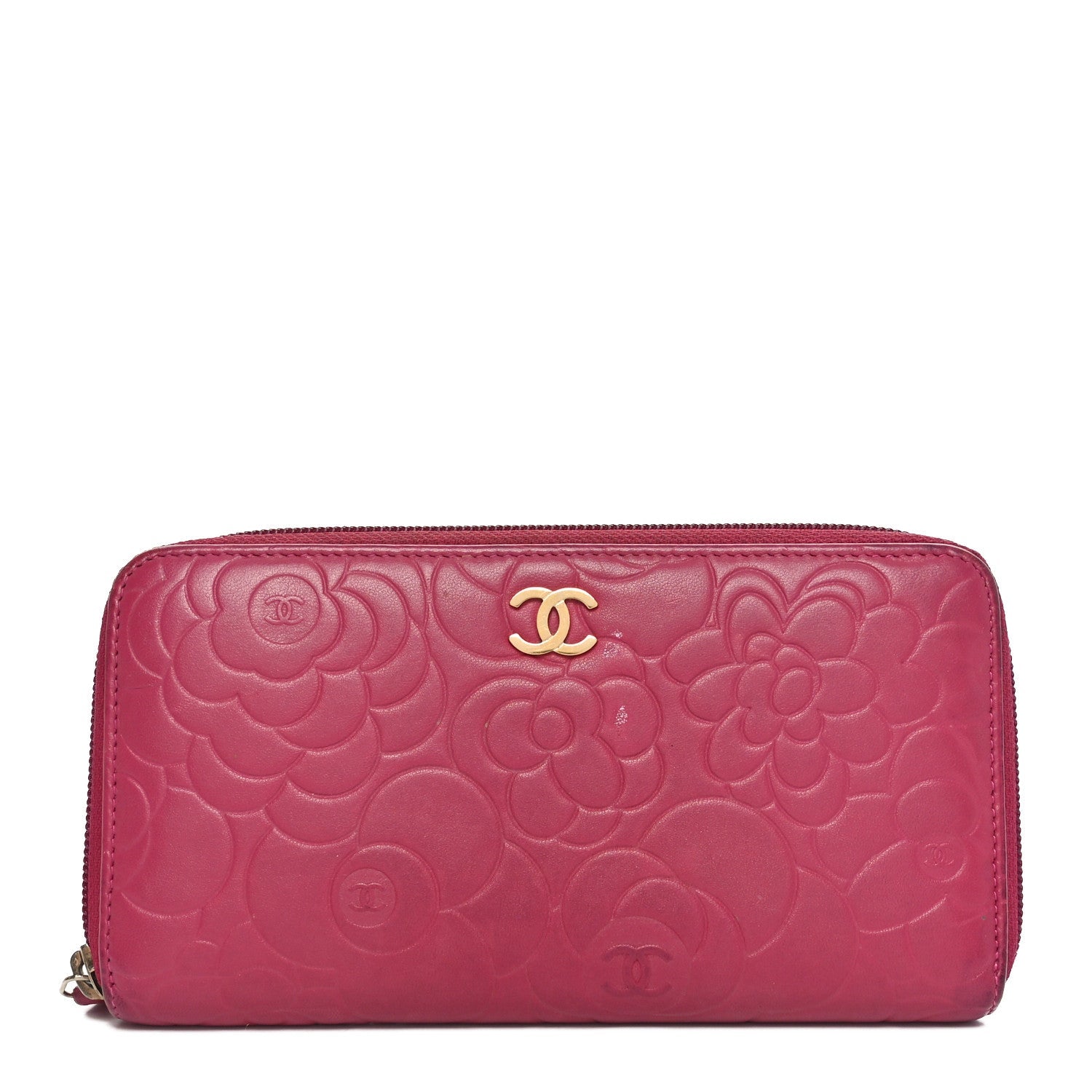 Lambskin Camellia Embossed Large Gusset Zip Around Wallet Fuchsia