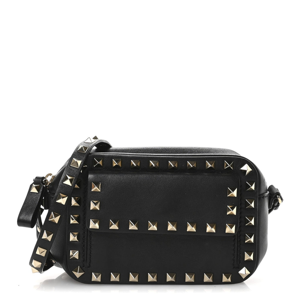 Grained Calfskin Small Rockstud Flap Pocket Camera Crossbody Bag Black