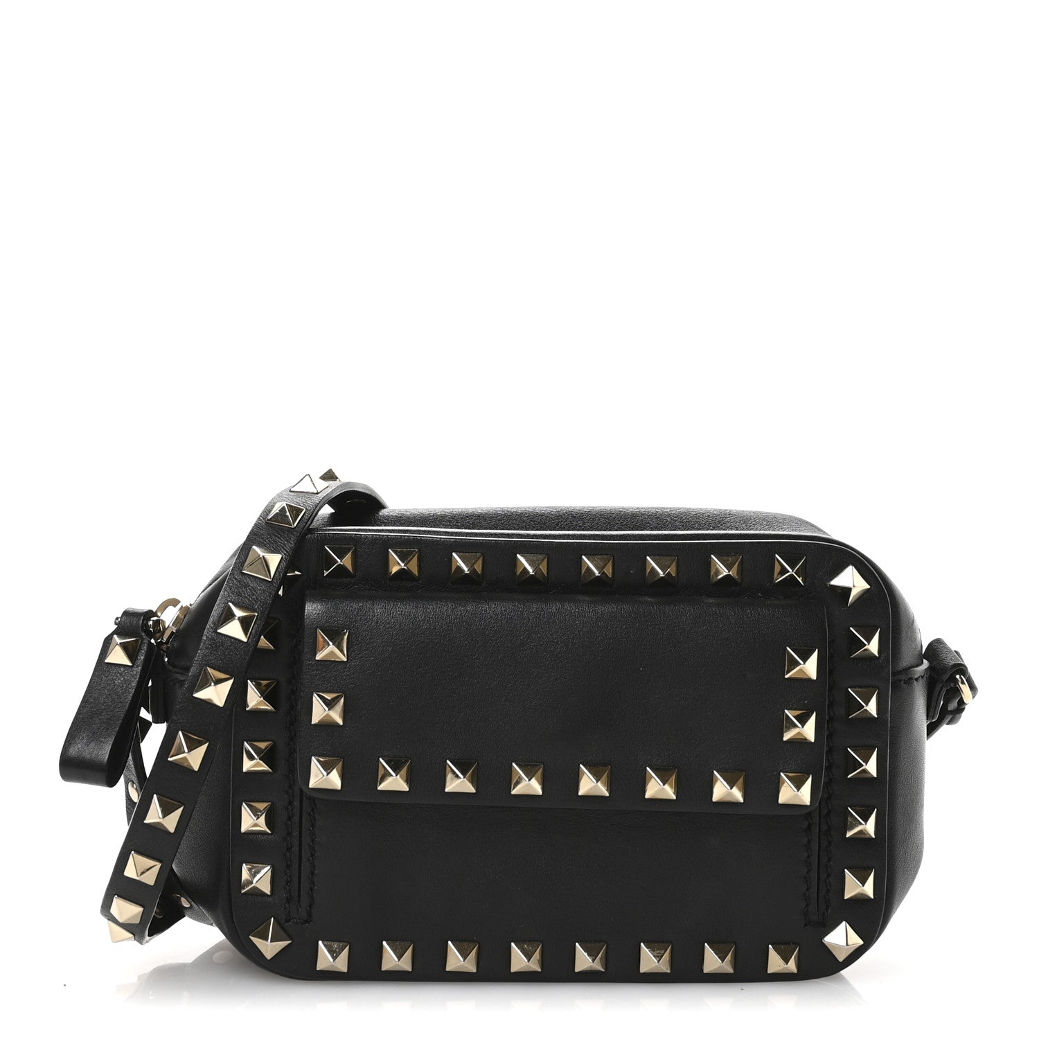 Grained Calfskin Small Rockstud Flap Pocket Camera Crossbody Bag Black