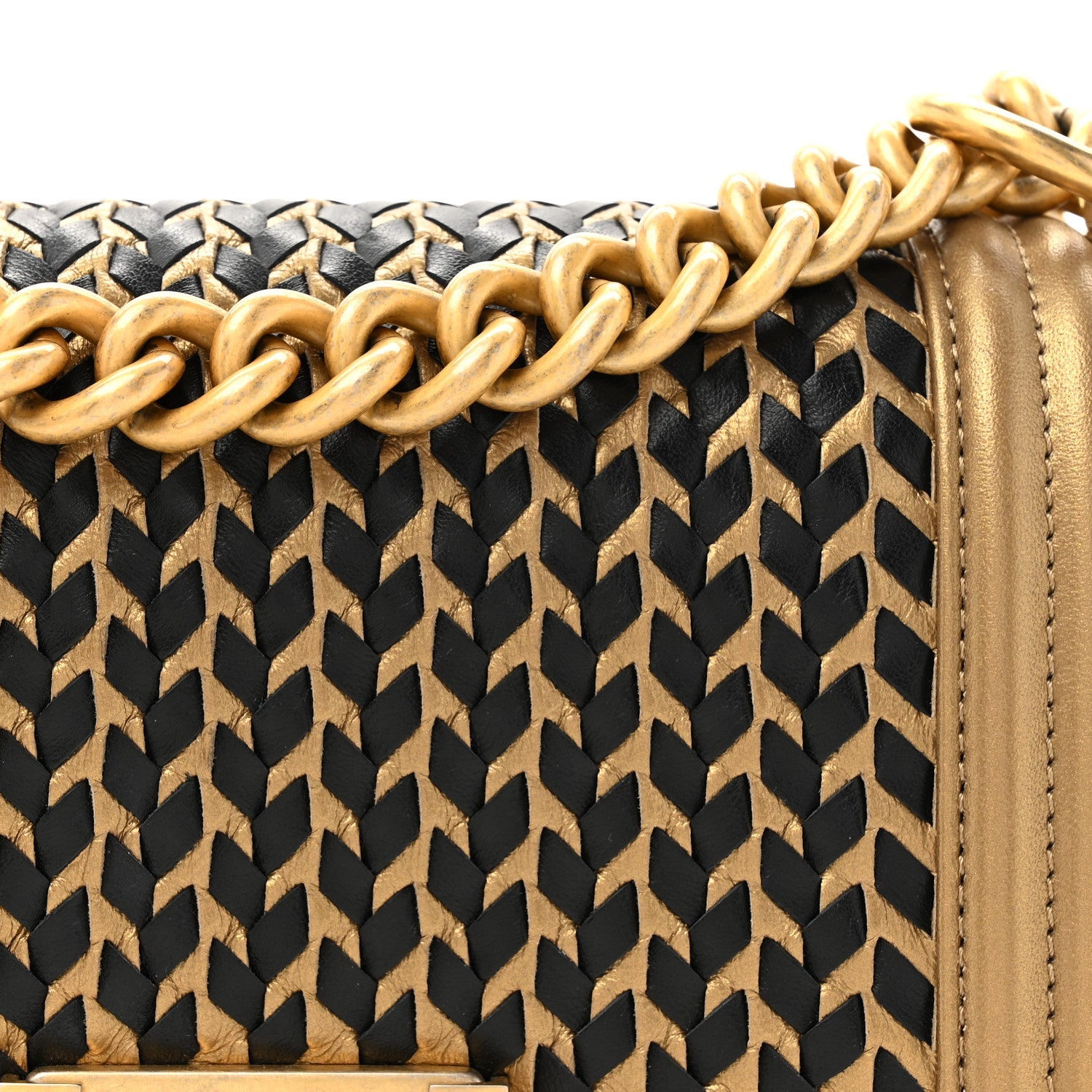 Metallic Lambskin Woven Small Boy Flap Black Gold