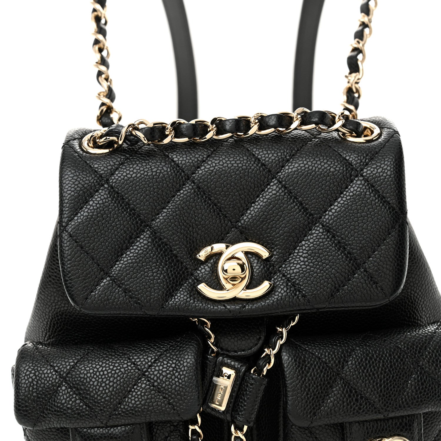 Shiny Caviar Quilted Small Duma Pockets Drawstring Backpack Black