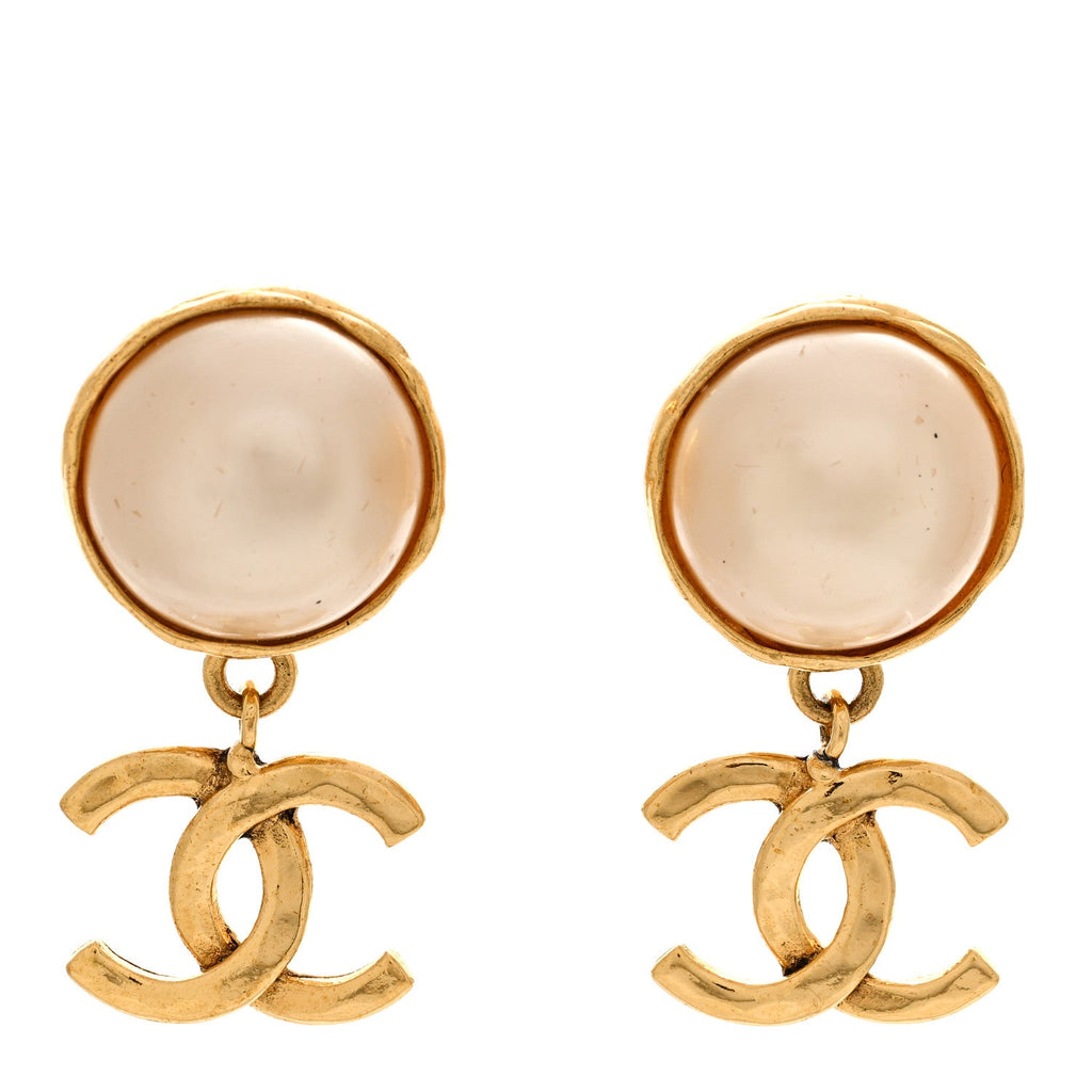 Pearl CC Dangle Clip On Earrings Gold