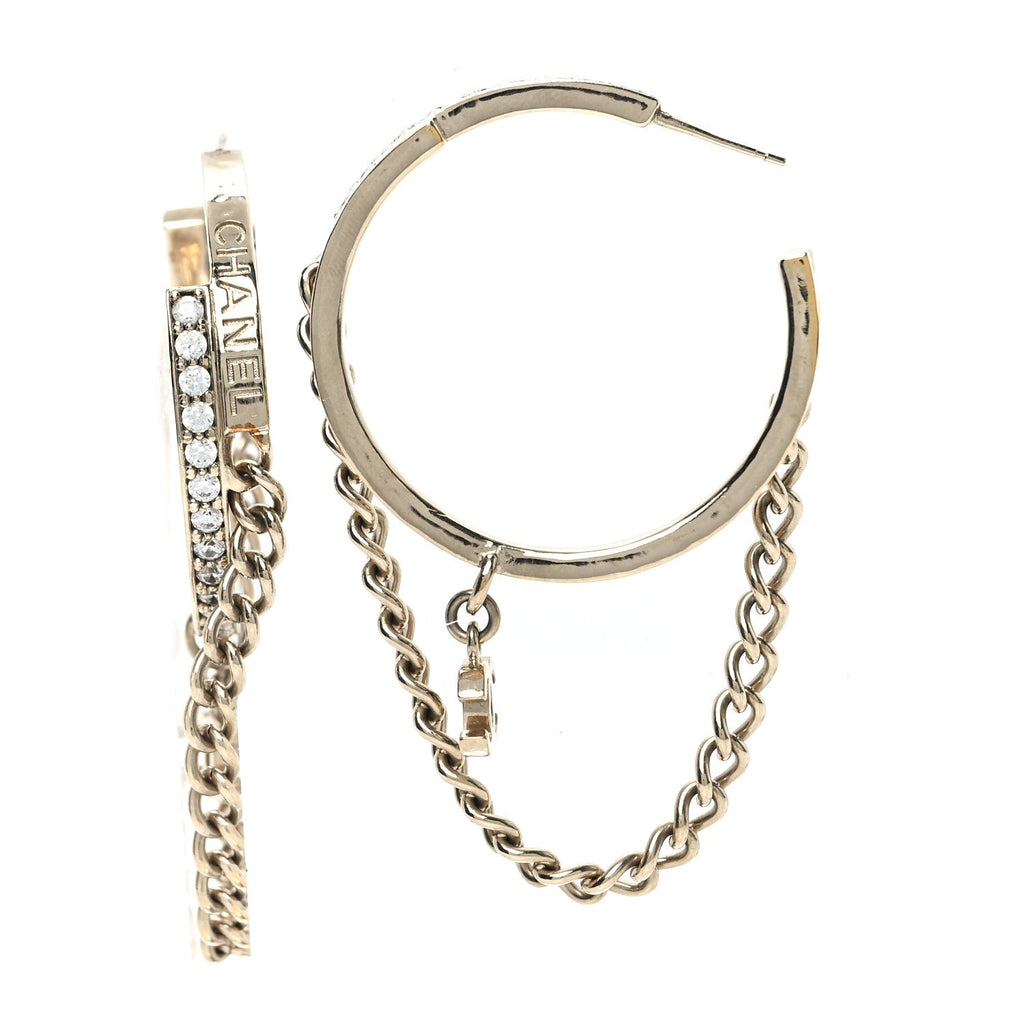 Metal Crystal Chain CC Hoop Earrings Gold