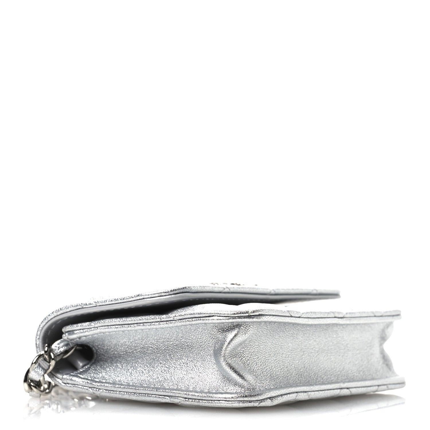 Metallic Goatskin Quilted Crystal CC Walk Of Fame Clutch With Chain Silver